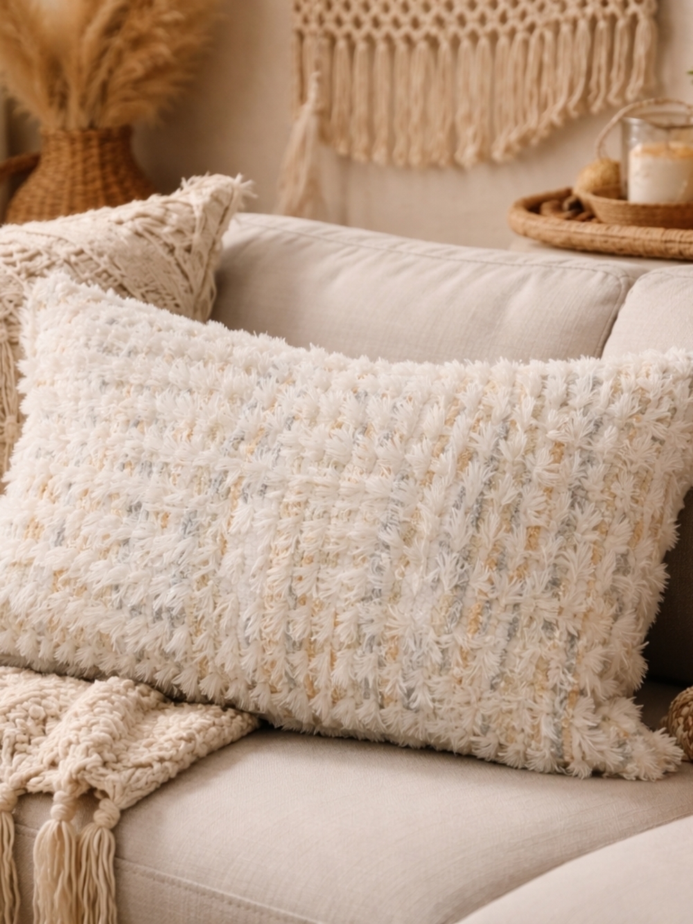 Bohemian Style Textured Ivory & Cream  Throw Pillow Cover New